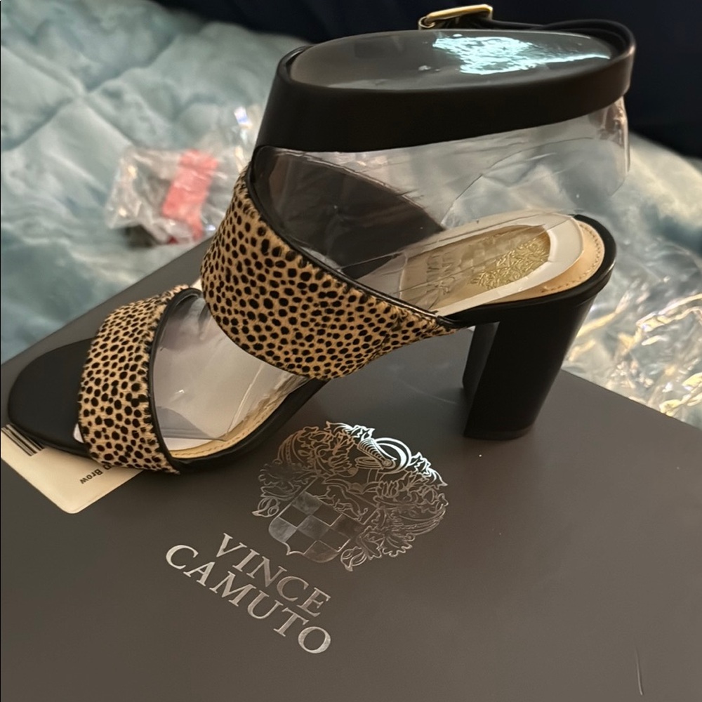 Vince Camuto Black and Tan Block Heel Sandals